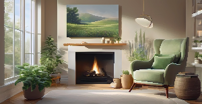 A calming home setting with a diffuser and clary sage oil, plants, and warm lighting.