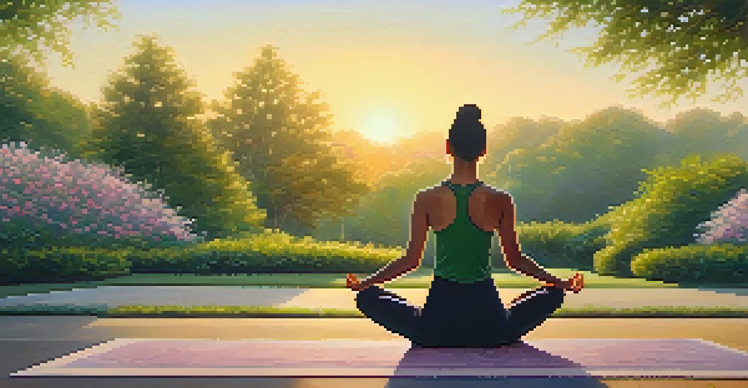 A person practicing yoga in a peaceful park during sunrise, surrounded by greenery and flowers.