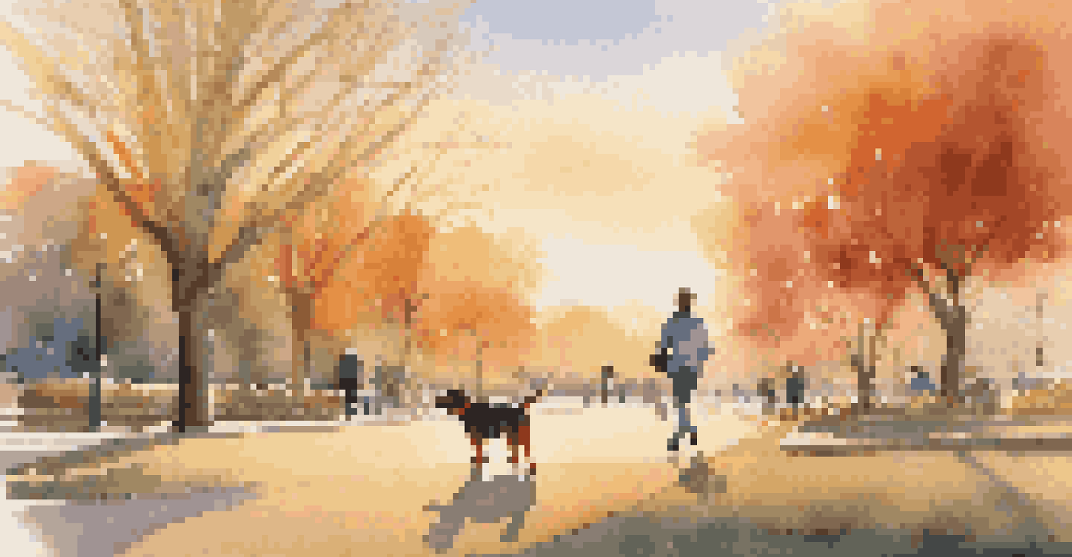 A person walking a beagle in a park during sunset, with a vibrant sky and other pet owners in the background.