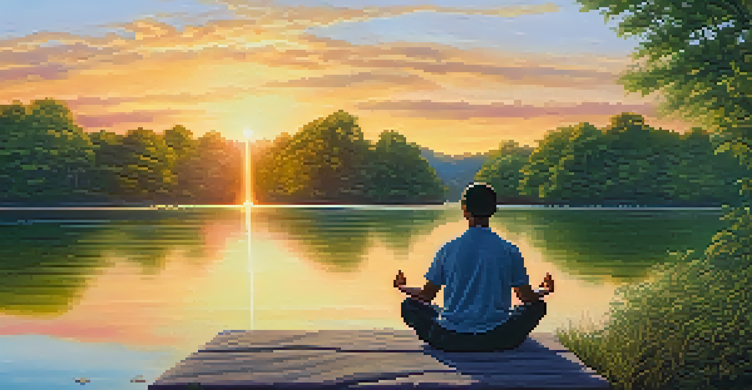 A person meditating by a calm lake at sunset, surrounded by green trees and a colorful sky reflecting in the water.