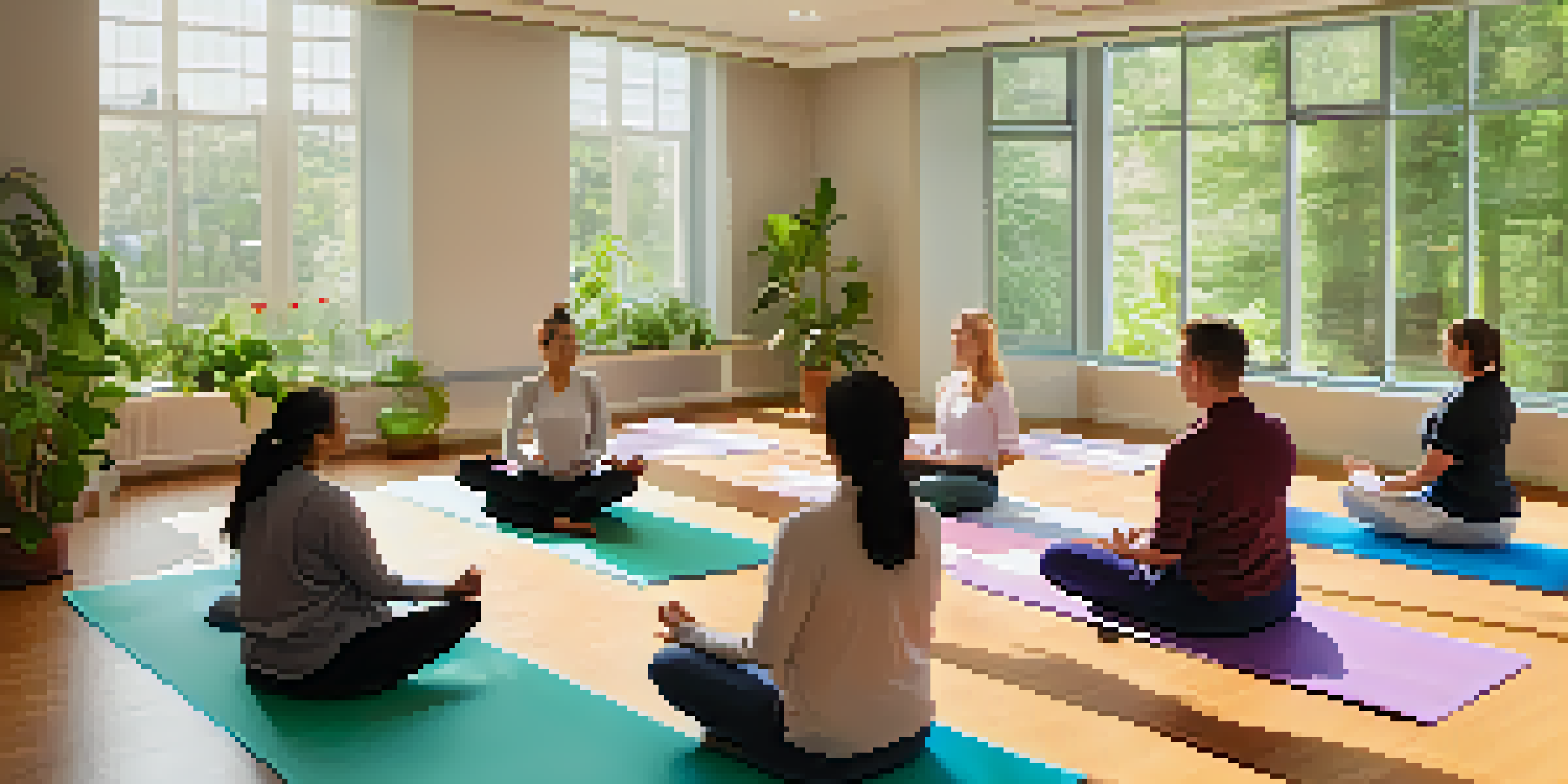 A diverse group of employees engaged in a stress management workshop in a bright office space, practicing mindfulness on yoga mats.