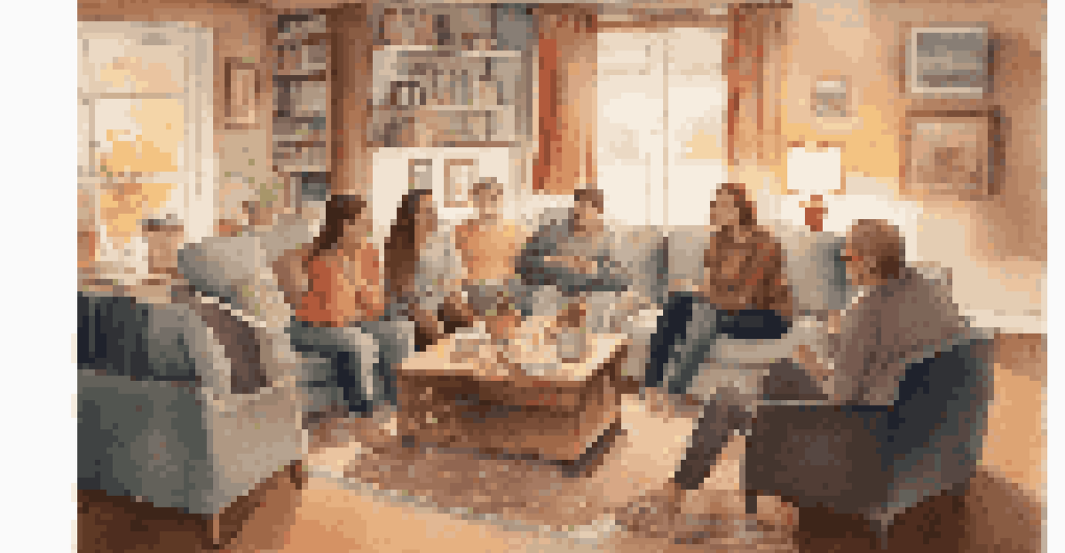 A cozy living room with friends sitting around, engaged in a deep conversation, displaying attentive body language.
