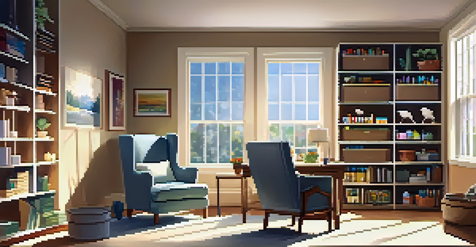 An employee knitting in a serene office break area, surrounded by art supplies and natural sunlight.