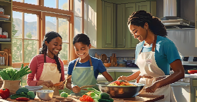 A diverse family cooking together in a cozy kitchen, with sunlight filtering through the window and colorful ingredients on a wooden table.