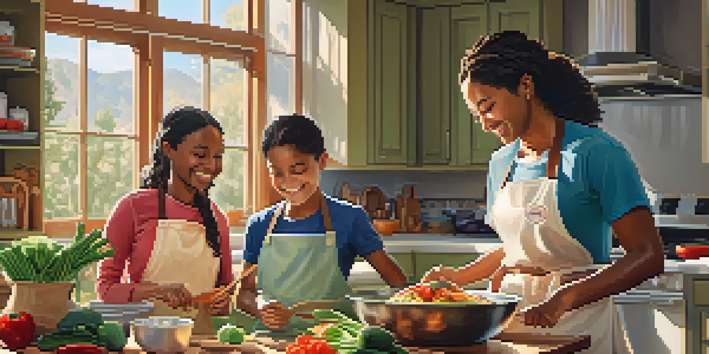 A diverse family cooking together in a cozy kitchen, with sunlight filtering through the window and colorful ingredients on a wooden table.