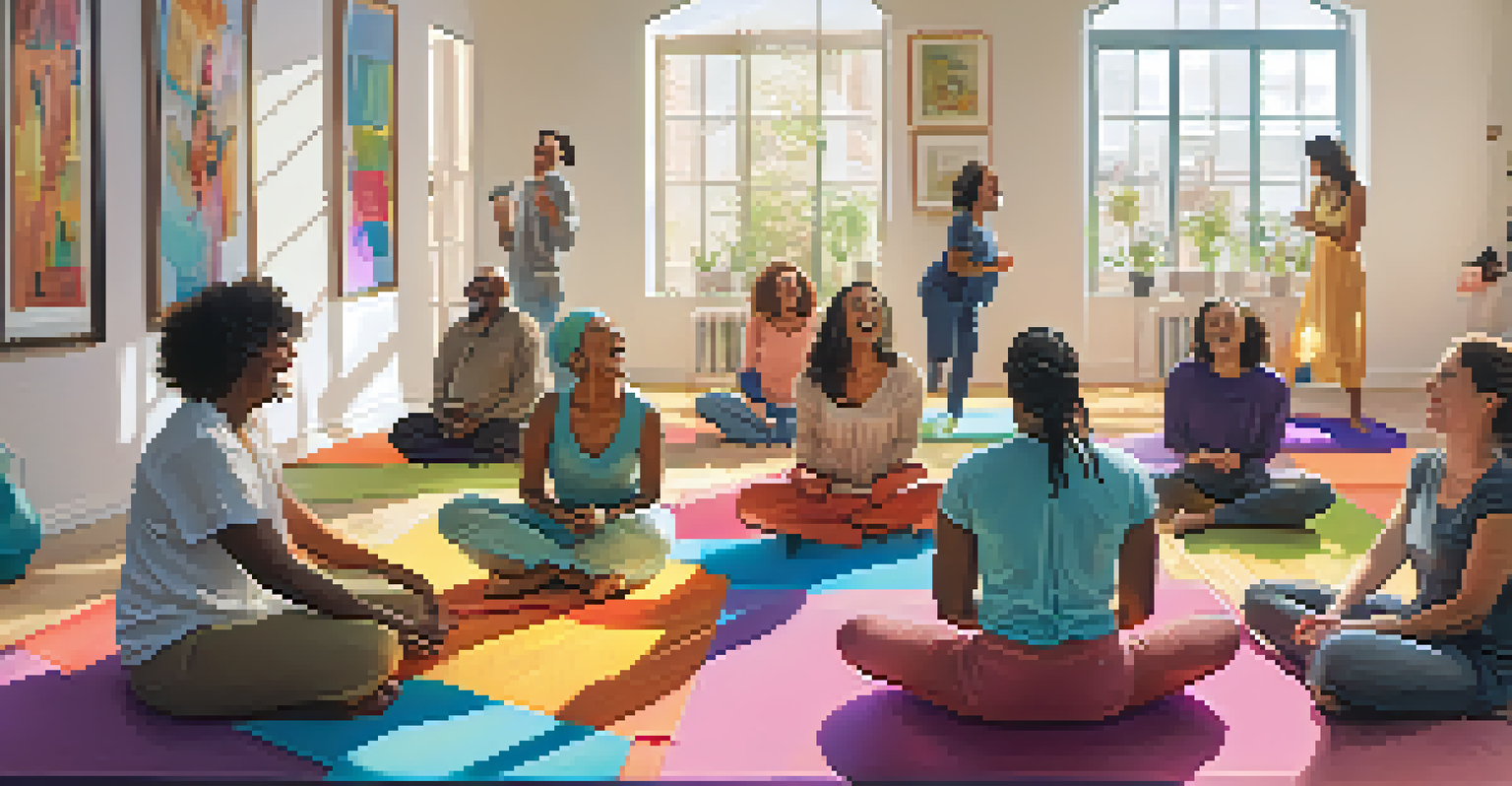 A diverse group of people participating in a laughter yoga session indoors, showcasing joy and relaxation in a bright and colorful environment.