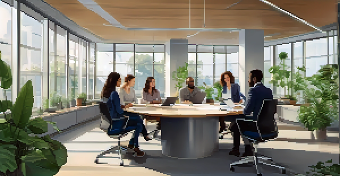 A diverse group of professionals sitting in a circle, engaged in a calm and collaborative discussion in a well-lit office space with plants.