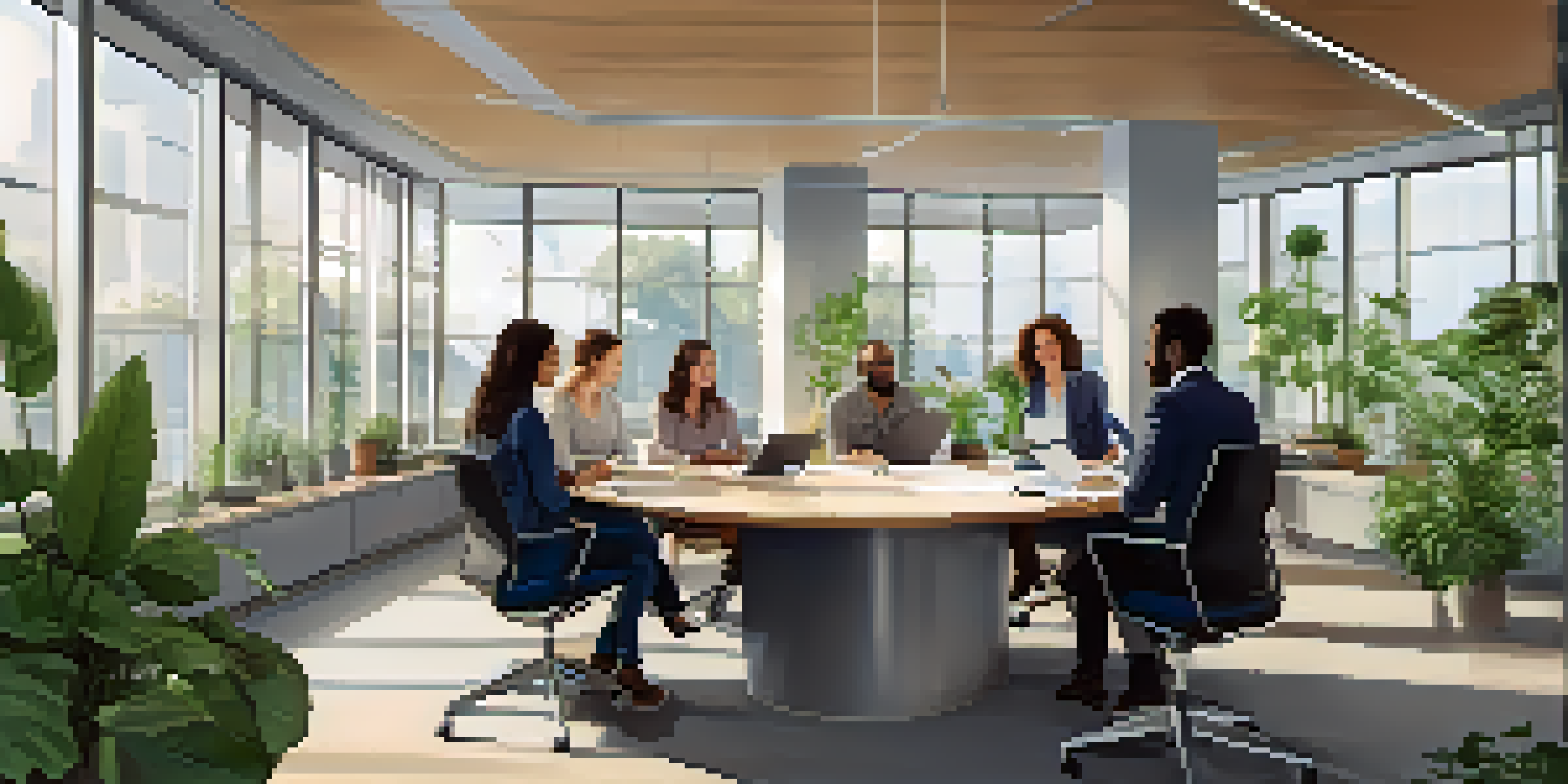 A diverse group of professionals sitting in a circle, engaged in a calm and collaborative discussion in a well-lit office space with plants.