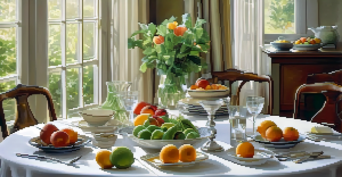A calm dining table set with fresh fruits and vegetables, surrounded by greenery and bathed in soft light.