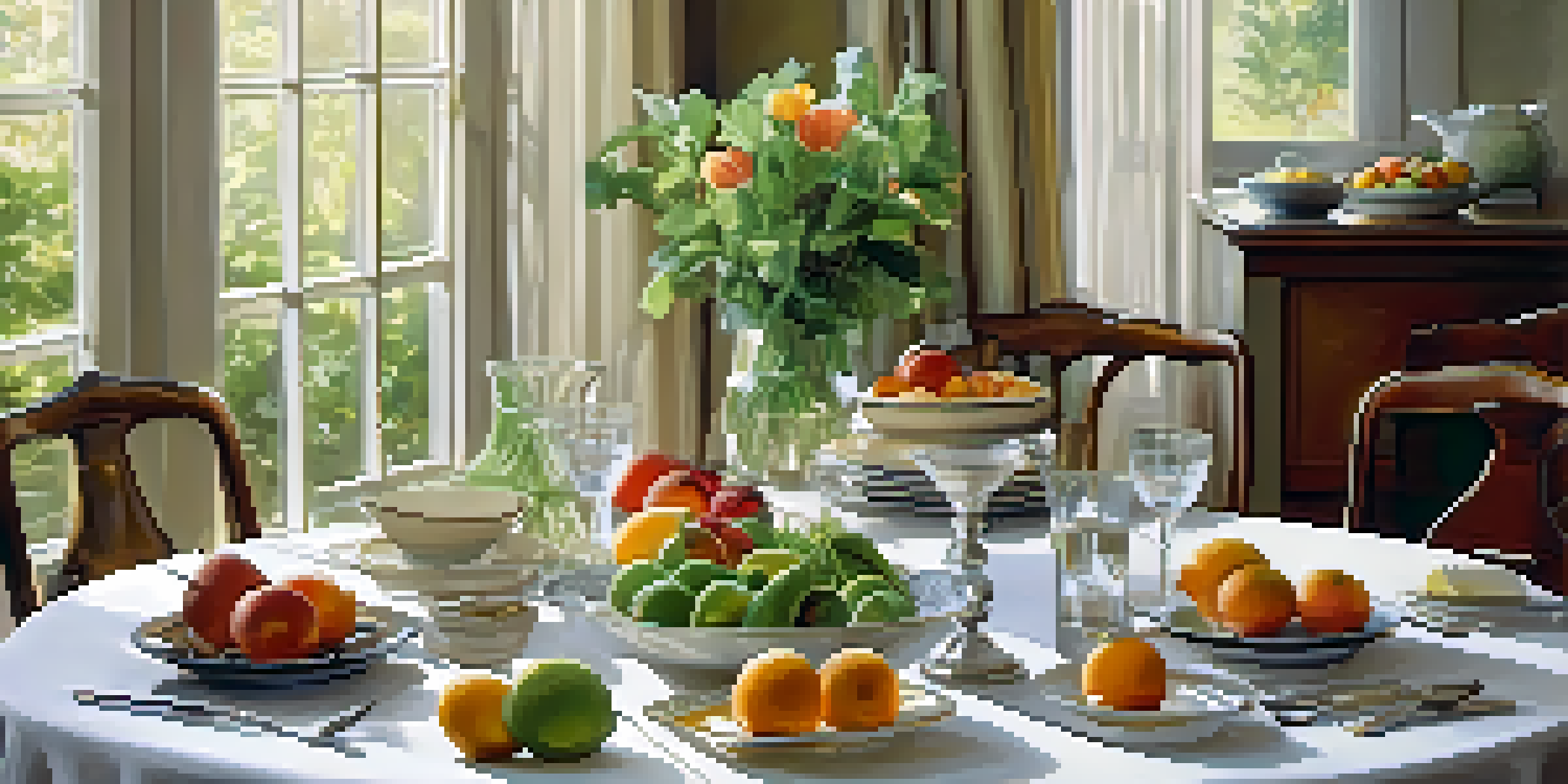 A calm dining table set with fresh fruits and vegetables, surrounded by greenery and bathed in soft light.