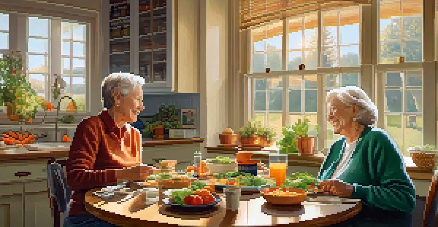 An elderly couple happily sharing a meal with healthy foods on the table.