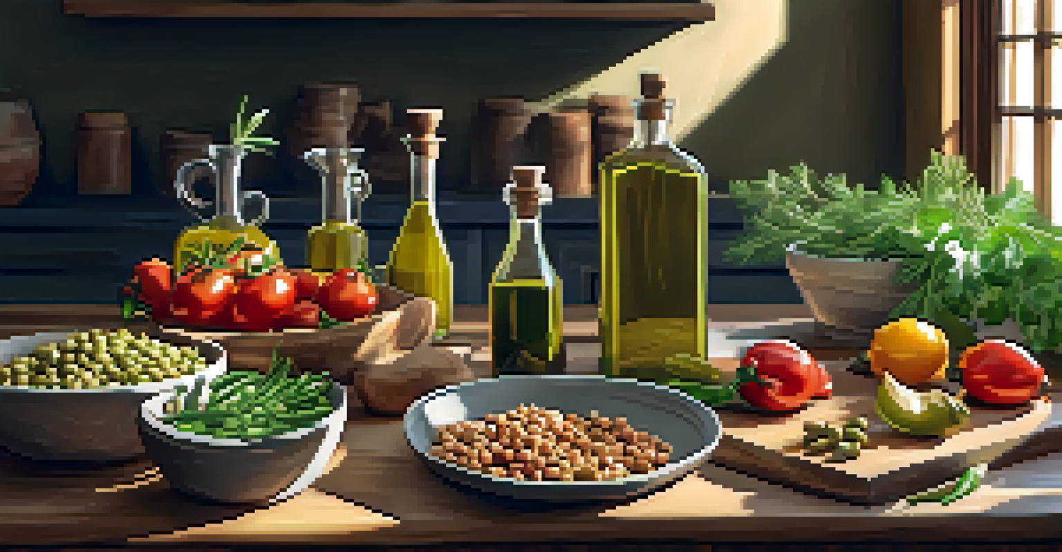 A Mediterranean meal prep station with olive oil, fresh vegetables, and legumes arranged on a rustic table, alongside an open recipe book.