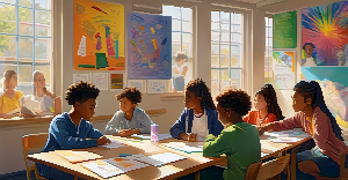 A diverse group of young students in a lively classroom discussing mental health topics with a teacher, surrounded by colorful educational posters.