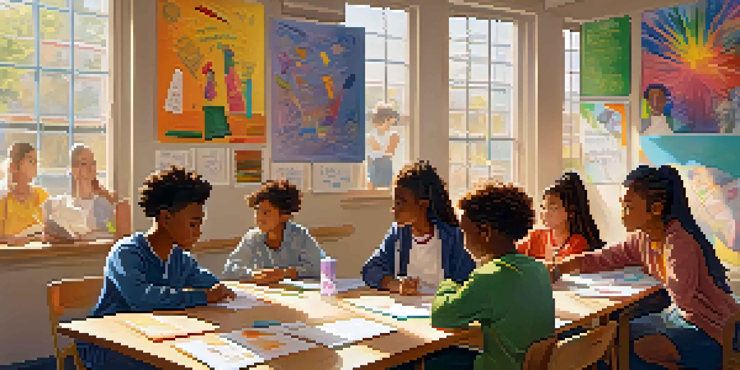 A diverse group of young students in a lively classroom discussing mental health topics with a teacher, surrounded by colorful educational posters.