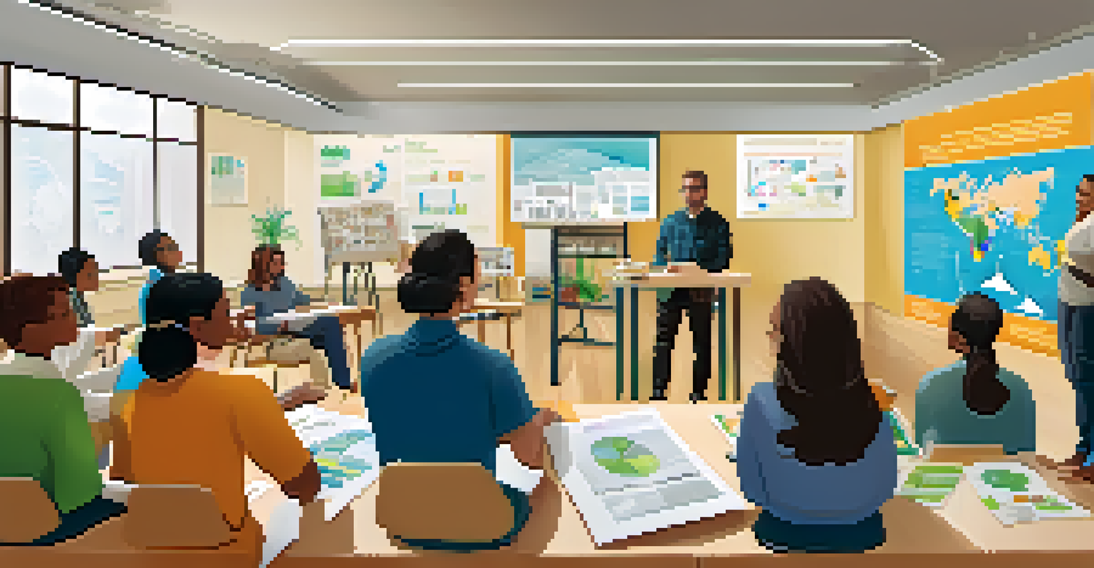 A workshop in a classroom with adults discussing sustainable practices and environmental policies.
