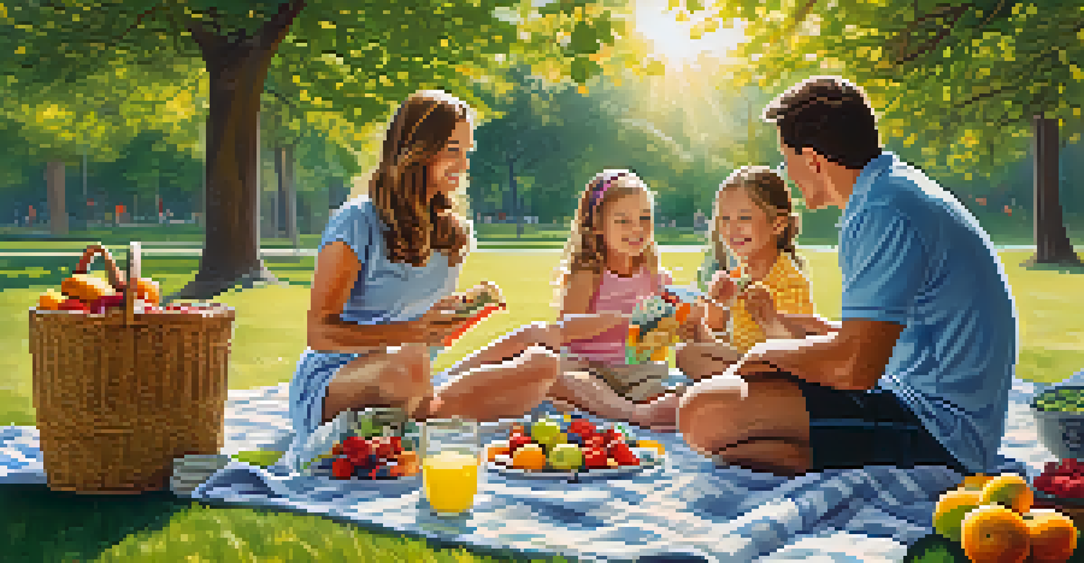 A cheerful family picnic in a park with healthy foods on a blanket, representing healthy lifestyle choices influenced by family health history.