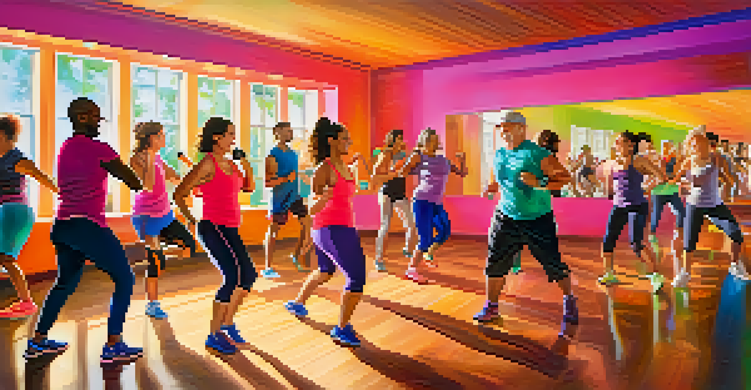 A diverse group of people enjoying a Zumba fitness class indoors, with colorful attire and an energetic atmosphere.
