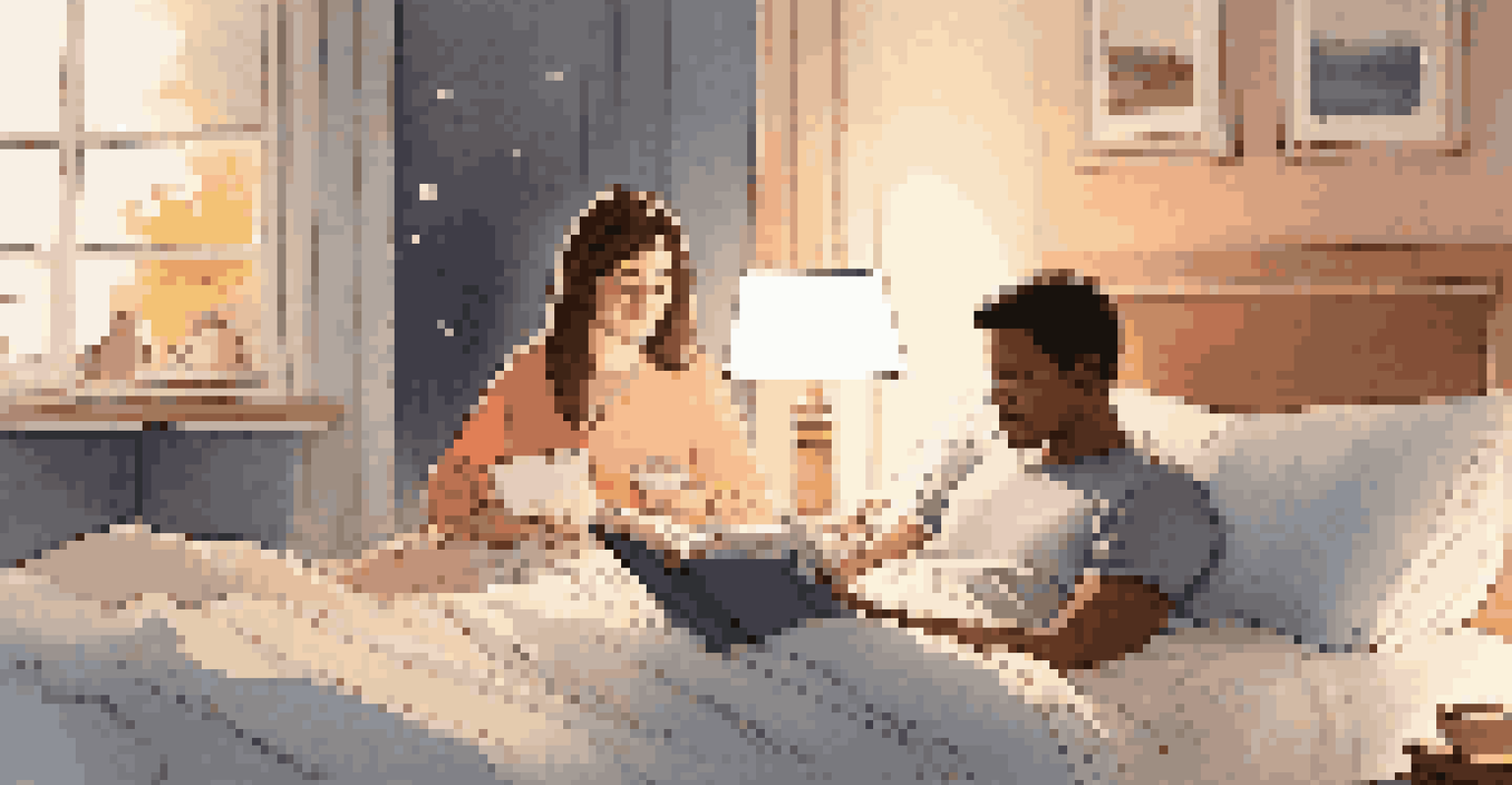A couple reading books on their bed, creating a calming bedtime routine with soft lighting.