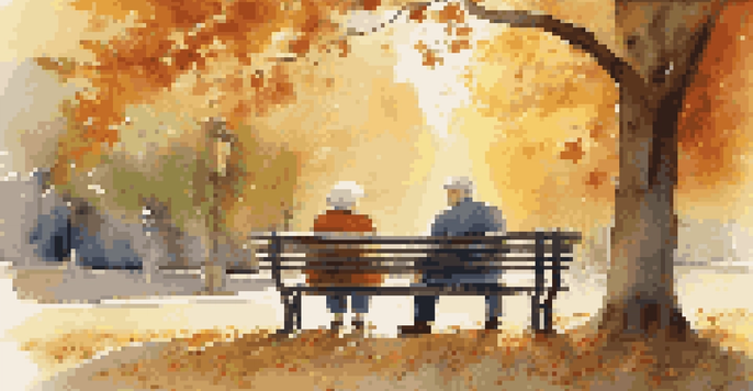 An elderly couple sitting on a park bench, holding hands and smiling, with autumn leaves around them and golden sunlight filtering through the trees.