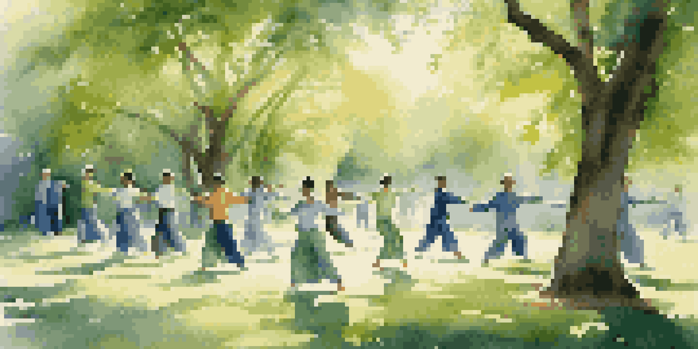 A diverse group of people practicing Tai Chi in a sunny park surrounded by greenery, demonstrating graceful movements.
