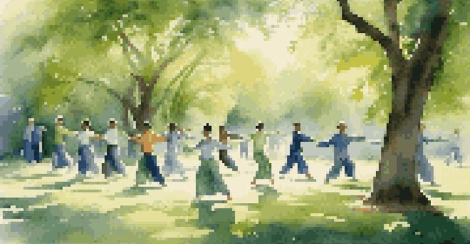 A diverse group of people practicing Tai Chi in a sunny park surrounded by greenery, demonstrating graceful movements.