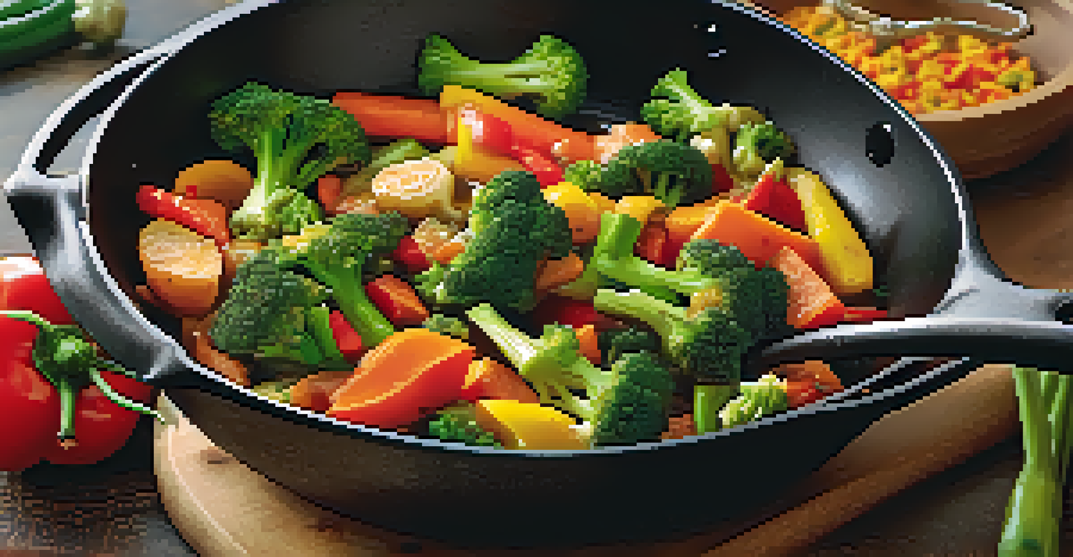 A close-up of a hand stirring a colorful vegetable stir-fry in a skillet, with a warm kitchen background.