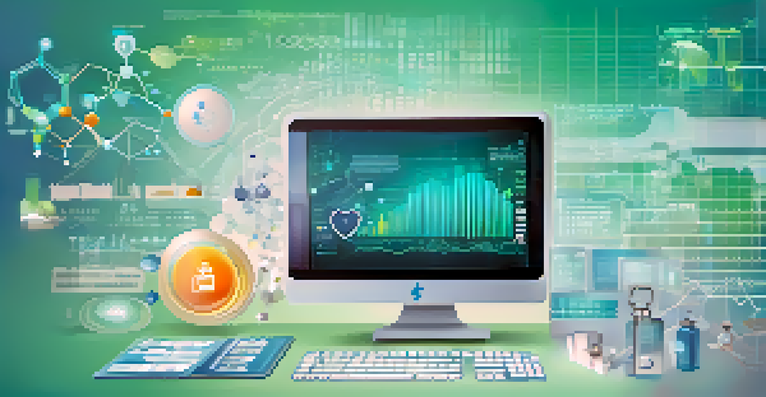 A colorful and detailed visualization of big data analytics in healthcare, illustrating various data sources and trends.