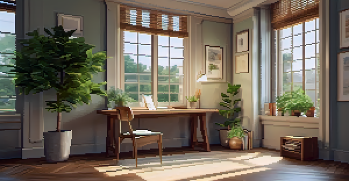 A peaceful study area with a chair, desk, journal, and plant, illuminated by natural light.