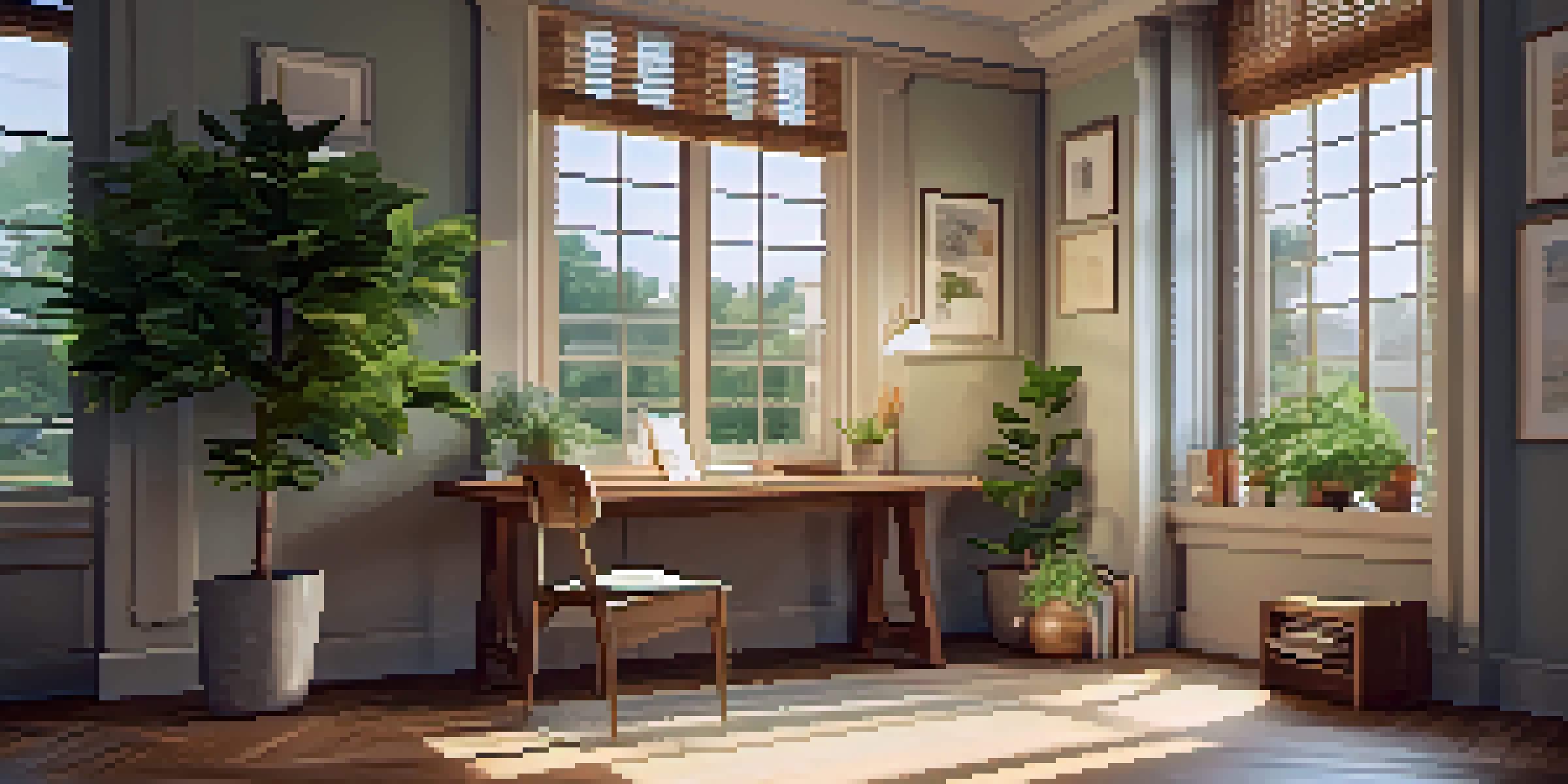 A peaceful study area with a chair, desk, journal, and plant, illuminated by natural light.
