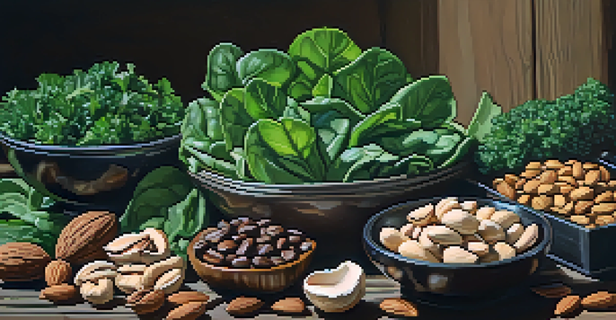 A close-up view of magnesium-rich foods including spinach, kale, almonds, cashews, and dark chocolate on a wooden table.