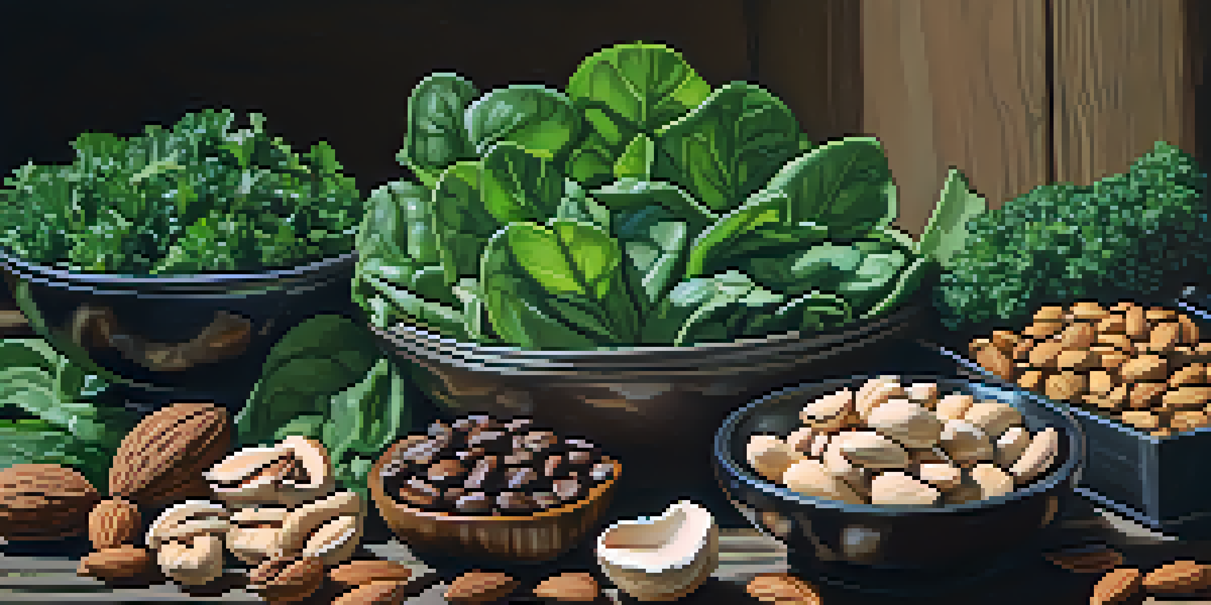 A close-up view of magnesium-rich foods including spinach, kale, almonds, cashews, and dark chocolate on a wooden table.