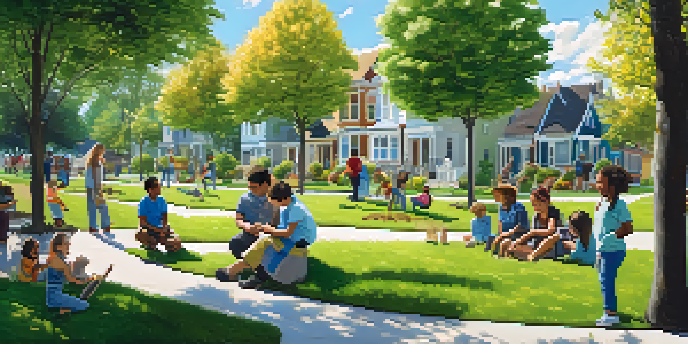 A community of diverse individuals planting trees in a sunny park, with children playing and adults socializing in the background.