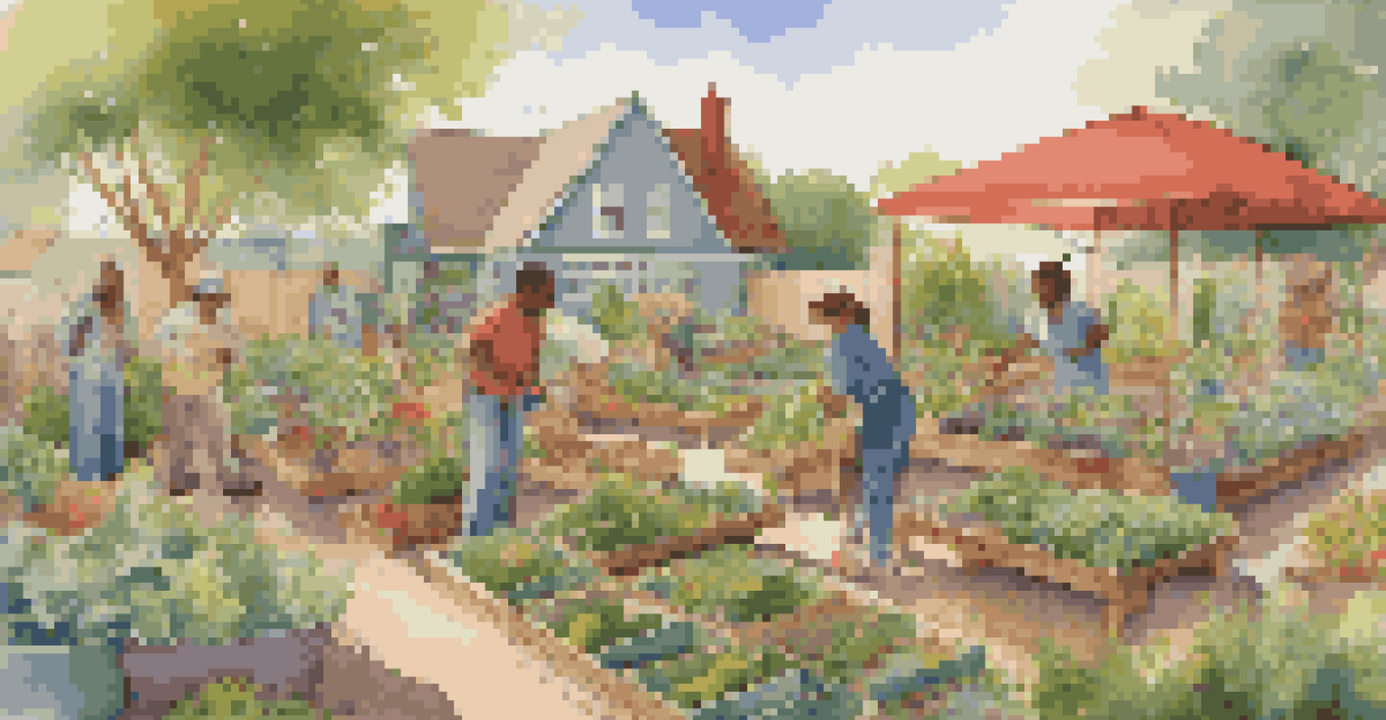 A vibrant community garden with people of different backgrounds gardening together, filled with vegetables and flowers under warm sunlight.