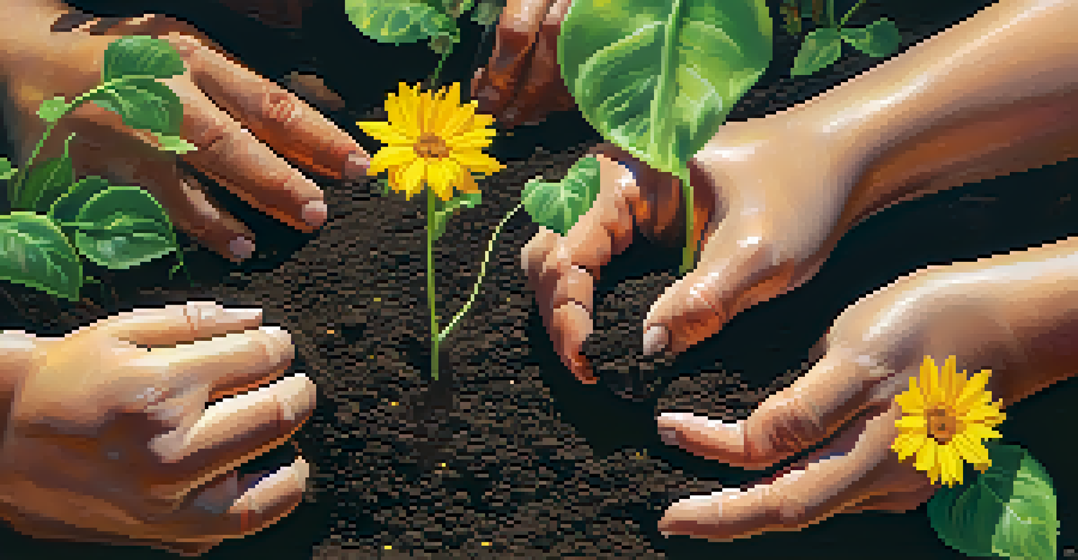 Close-up of hands planting seeds in dark soil surrounded by green leaves and flowers in a community garden.