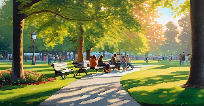 A tranquil park with people of different backgrounds enjoying their phones under the warm sunlight, surrounded by greenery and flowers.