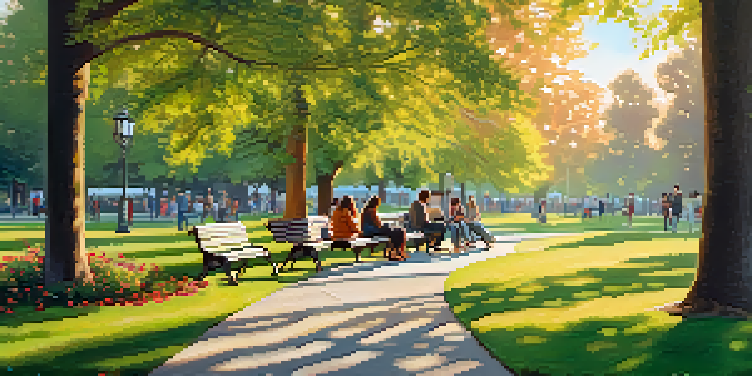 A tranquil park with people of different backgrounds enjoying their phones under the warm sunlight, surrounded by greenery and flowers.