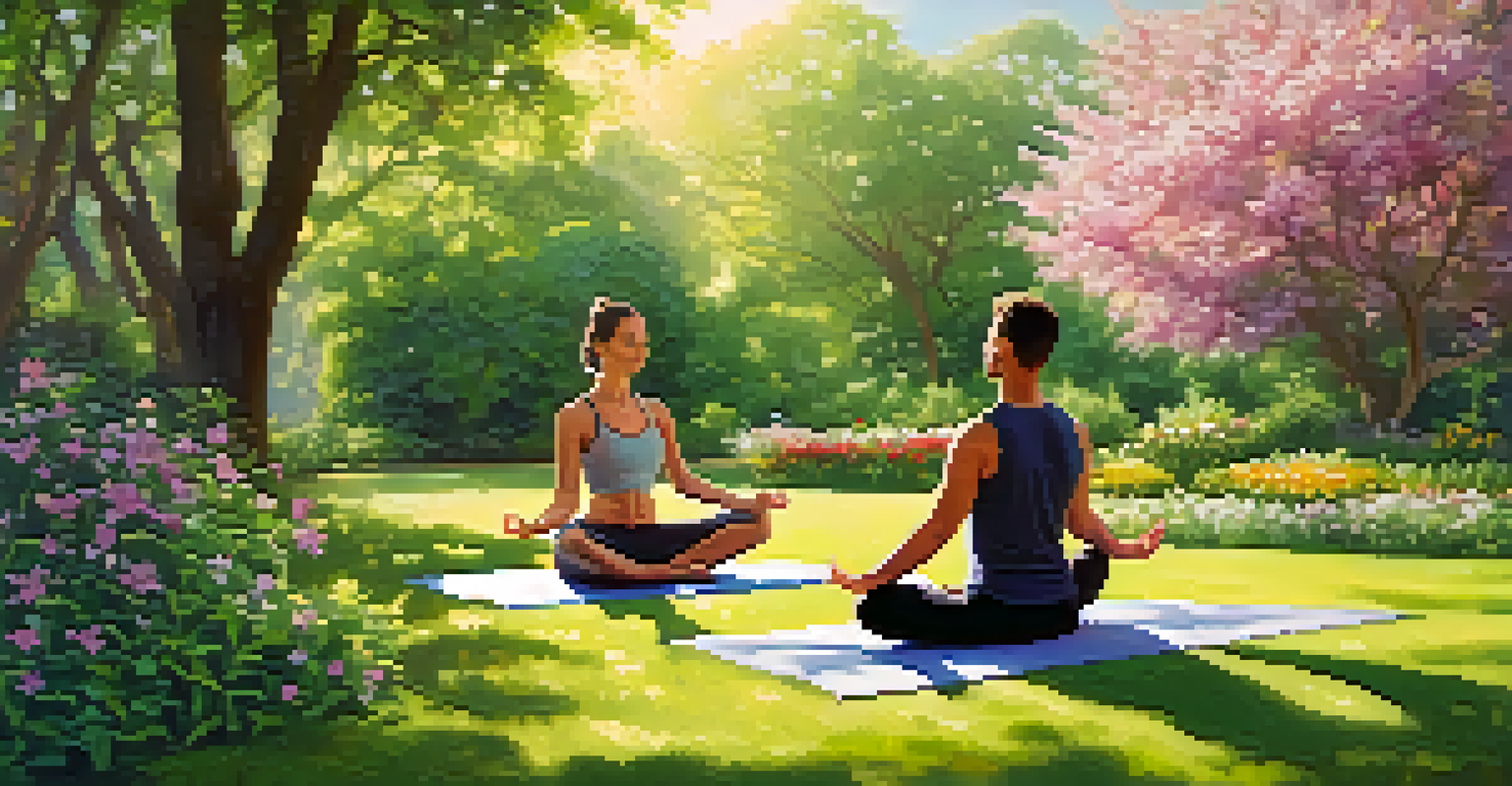 A diverse couple practicing yoga in a serene park setting, surrounded by greenery and flowers, promoting wellness and stress management.