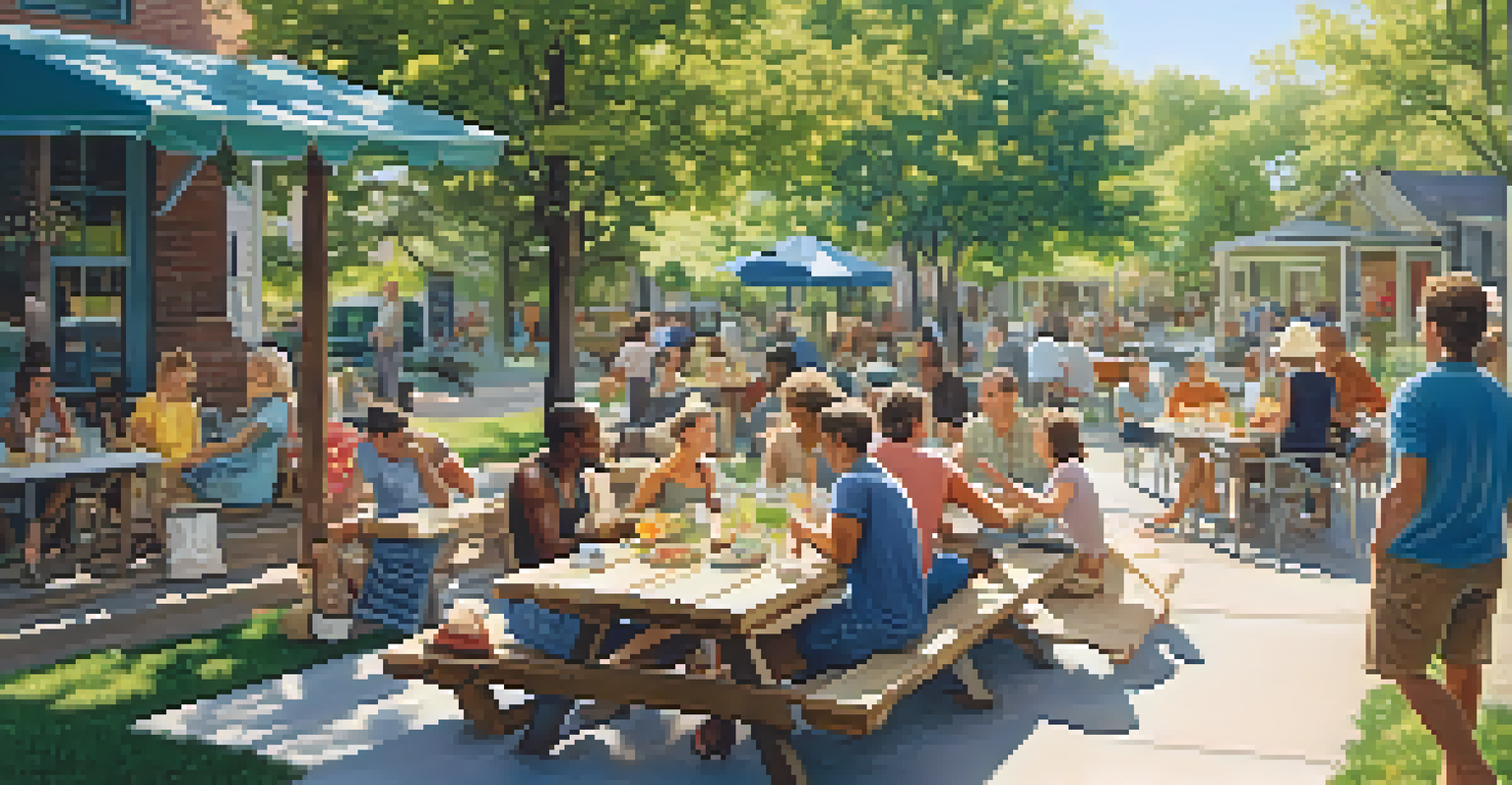 Neighbors enjoying a meal together outdoors at a picnic table, surrounded by trees.