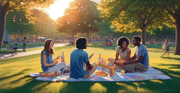 A diverse group of friends enjoying a picnic in a park during sunset, surrounded by blooming flowers and warm light.