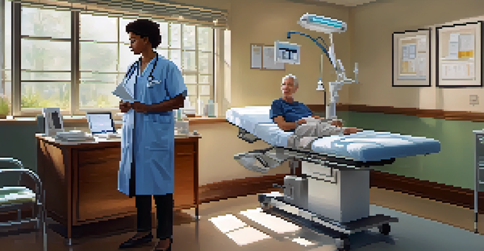 A patient sitting on an examination table in a bright doctor's office, talking to a smiling healthcare provider.