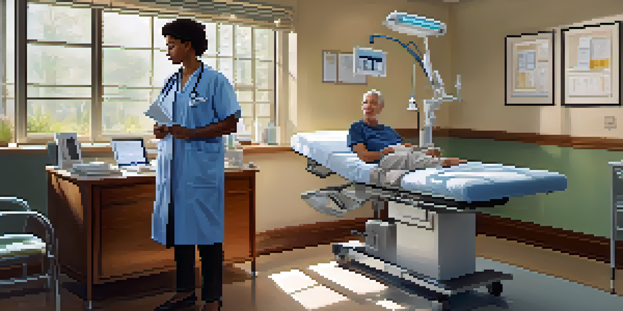 A patient sitting on an examination table in a bright doctor's office, talking to a smiling healthcare provider.
