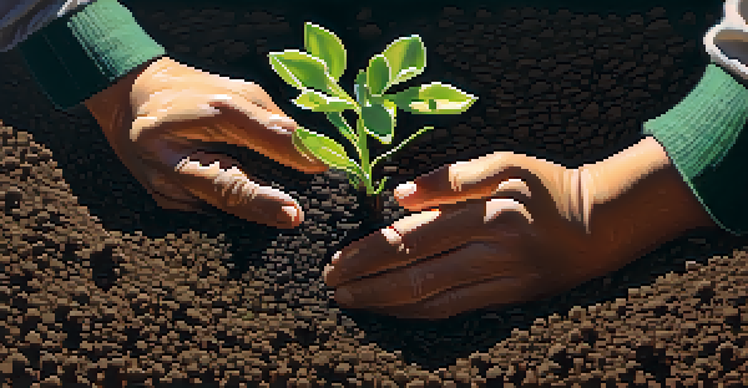 Close-up of hands planting seedlings in dark soil with sunlight filtering through leaves.