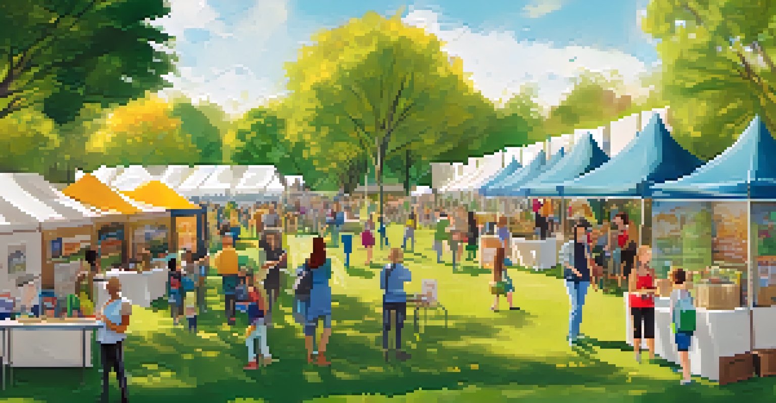 A sustainability fair in a park with booths showcasing local eco-friendly businesses, people engaged in workshops, and children crafting with recycled materials.