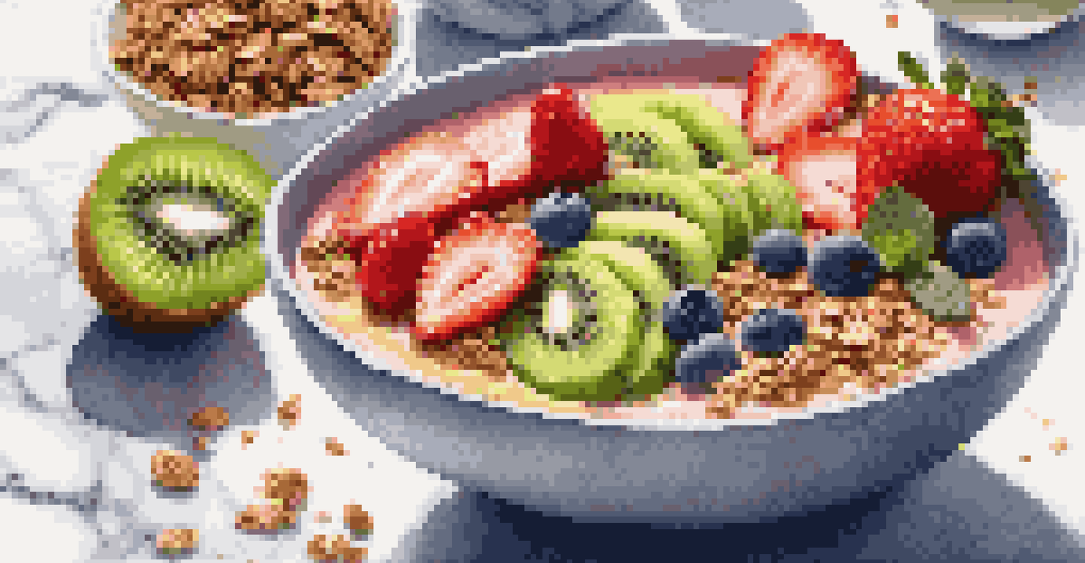 A colorful smoothie bowl with kiwi, spinach, strawberries, and granola on a marble countertop, accompanied by a glass of orange juice.