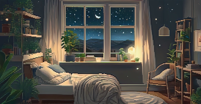 A peaceful bedroom scene at night with a young person sleeping in a cozy bed, warm lighting, and a starry sky outside the window.