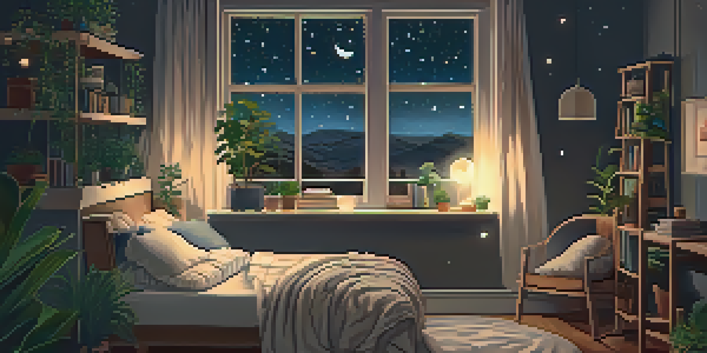 A peaceful bedroom scene at night with a young person sleeping in a cozy bed, warm lighting, and a starry sky outside the window.