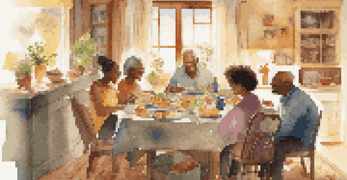 A diverse family enjoying a meal together in a warm, sunlit living room, filled with laughter and colorful dishes.