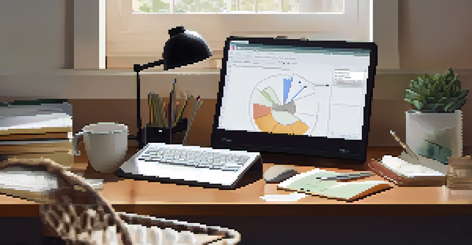 A desk with a computer showing a budget pie chart, surrounded by stationery and a coffee cup.
