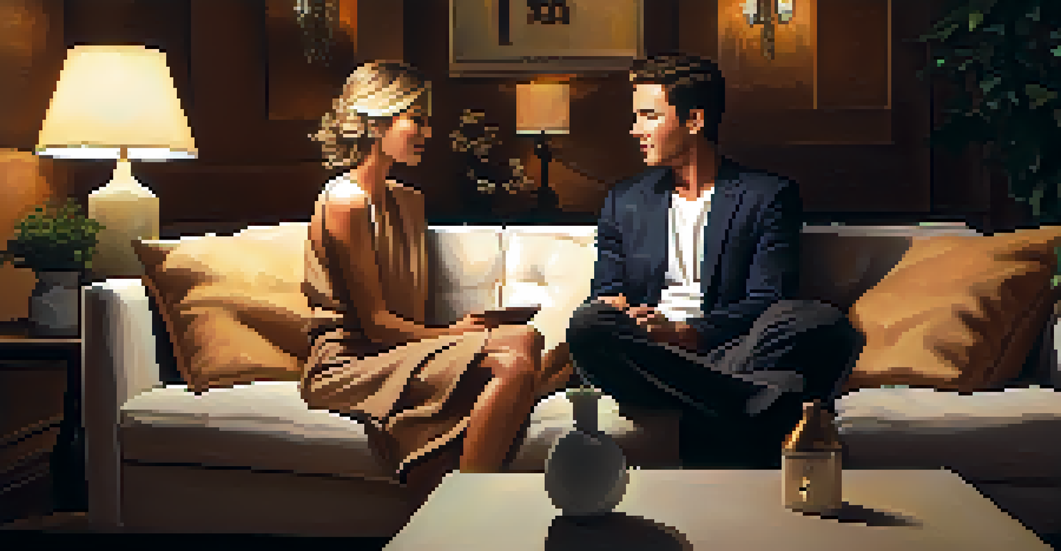 A couple sharing a supportive moment on a couch, discussing sleep health in a cozy setting.