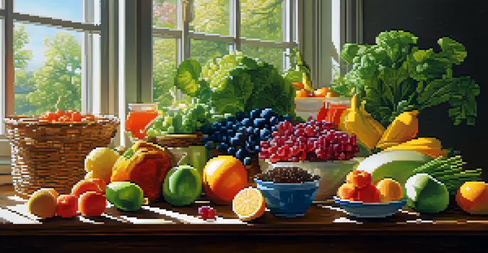 A colorful assortment of healthy foods displayed on a wooden table, illuminated by sunlight.